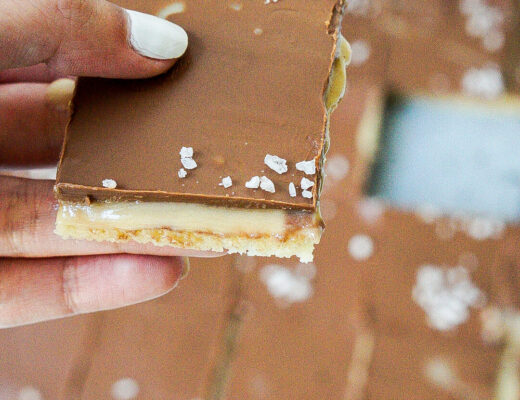 Delicious homemade millionaire shortbread with a layer of caramel and chocolate topping.